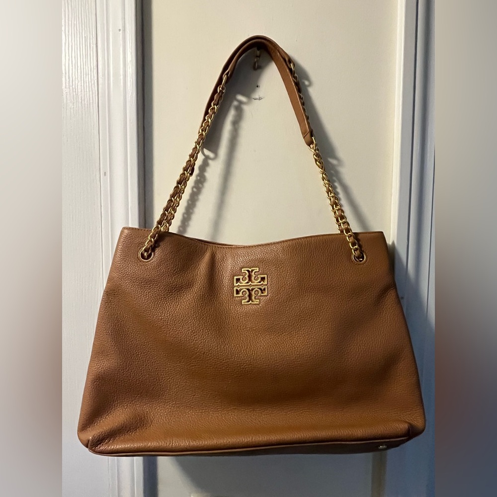 TORY BURCH Britten Tan Brown Leather Slouchy Tote Handle Bag, Purse